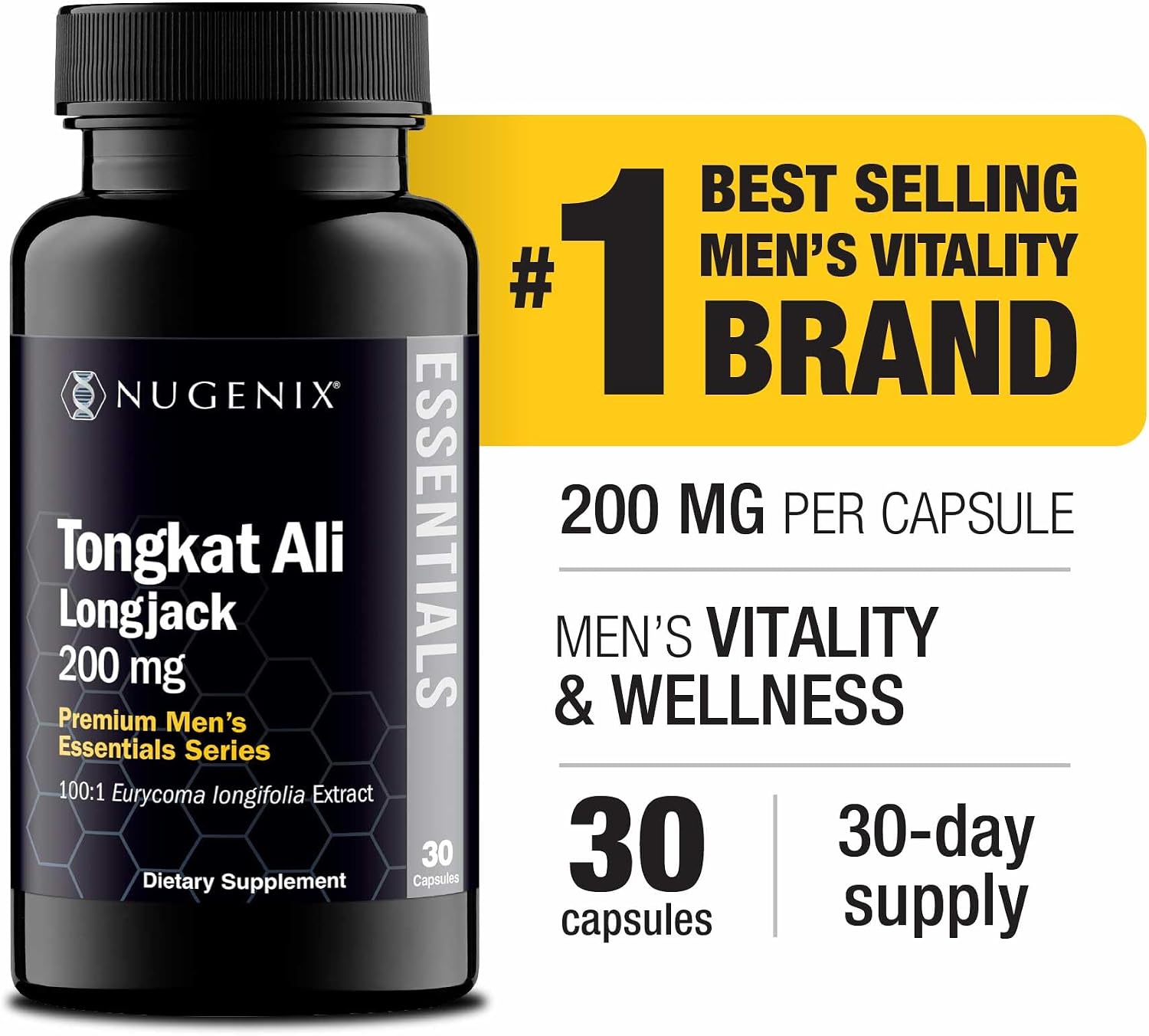 Nugenix Essentials Tongkat Ali para Hombres - Extracto de Longjack 200 mg, 30 Cápsulas