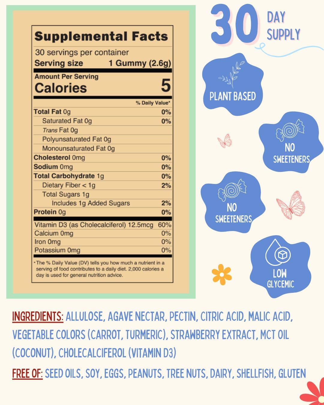 Krunchy Kids Vitamin D3 Gummies para Niños 2+ – Gomitas de Fresa con Ingredientes Limpios, Veganas y No-GMO, Bajo Índice Glucémico, 30 Unidades
