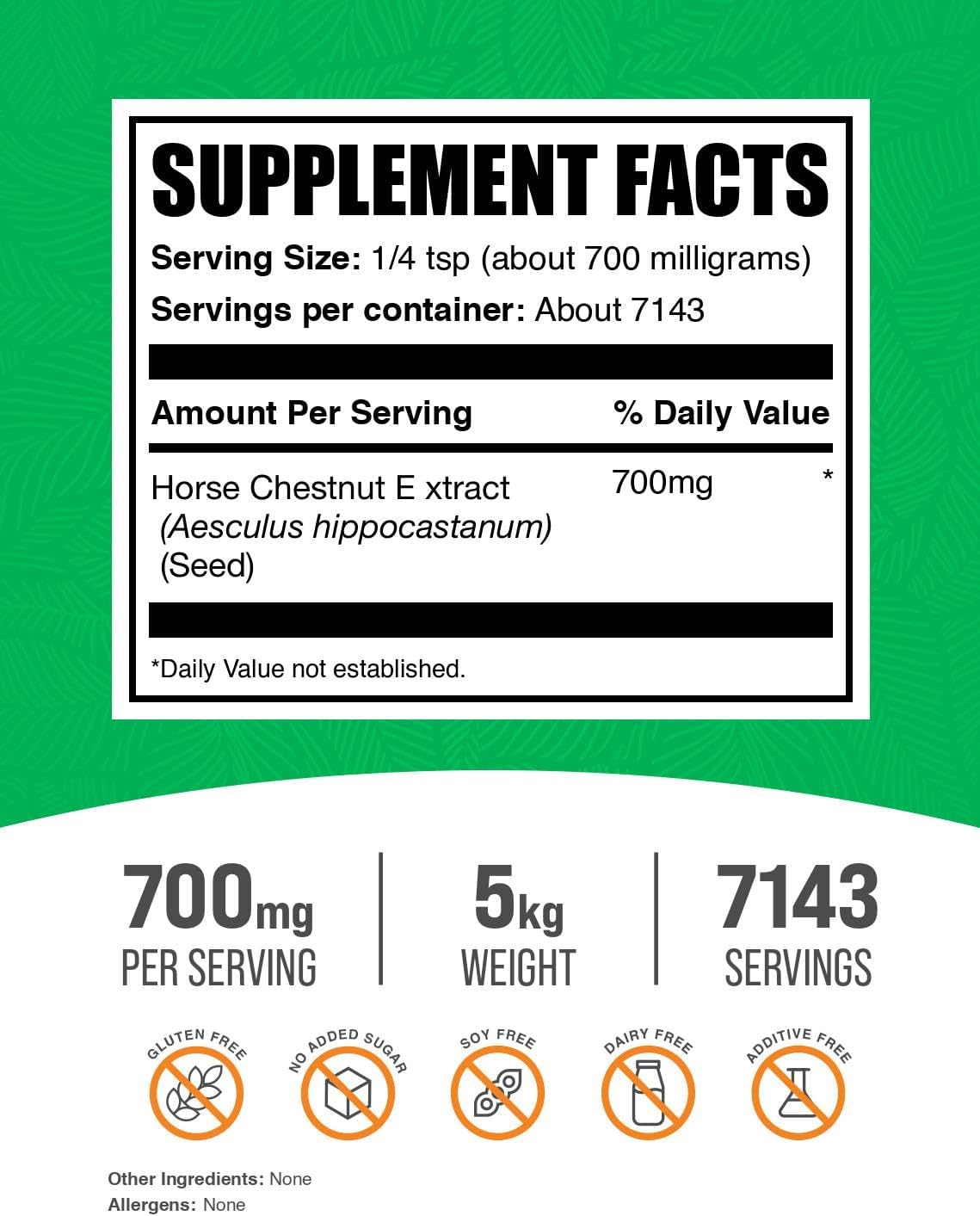 BulkSupplements.com Extracto de Castaño de Indias en Polvo - Suplemento Herbal, Sin Gluten, 700 mg por Ración, 5 kg
