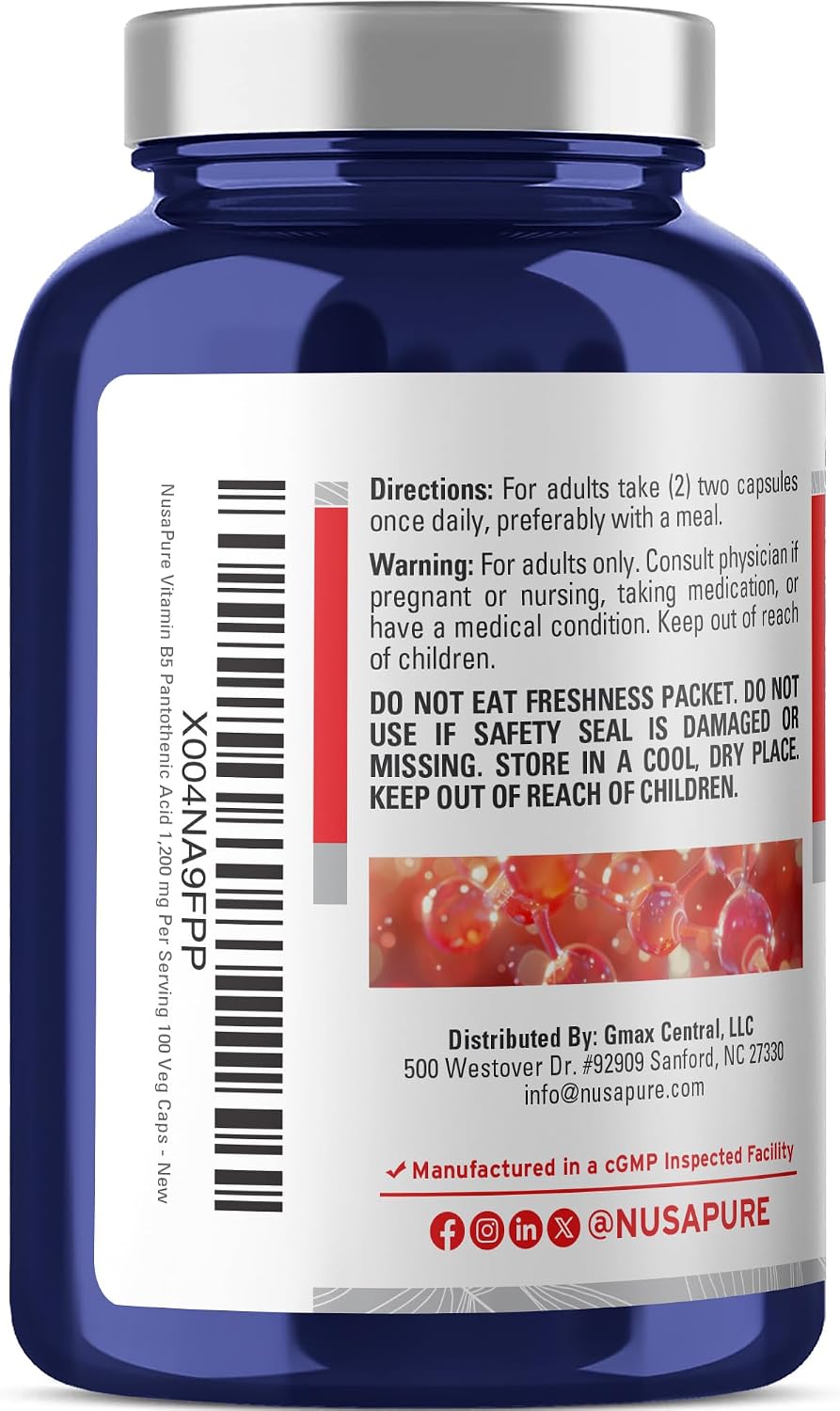 NusaPure Ácido Pantoténico (Vitamina B5) 1200 mg por dosis, 100 Cápsulas Vegetales, Vegano, sin OGM