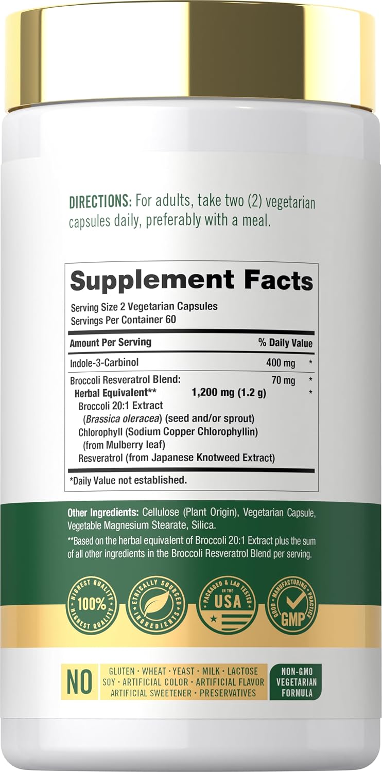 Carlyle Indole-3-Carbinol 400 mg | 120 Cápsulas | Suplemento con I3C, Brócoli y Resveratrol