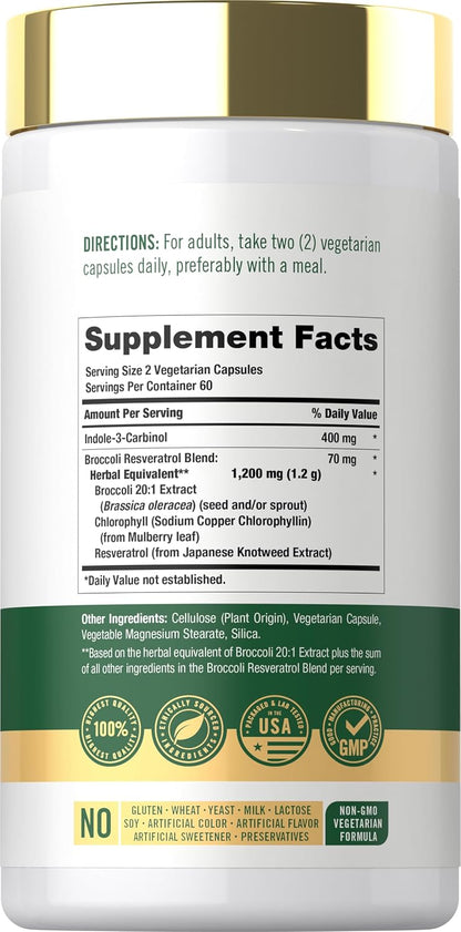 Carlyle Indole-3-Carbinol 400 mg | 120 Cápsulas | Suplemento con I3C, Brócoli y Resveratrol – Image 2