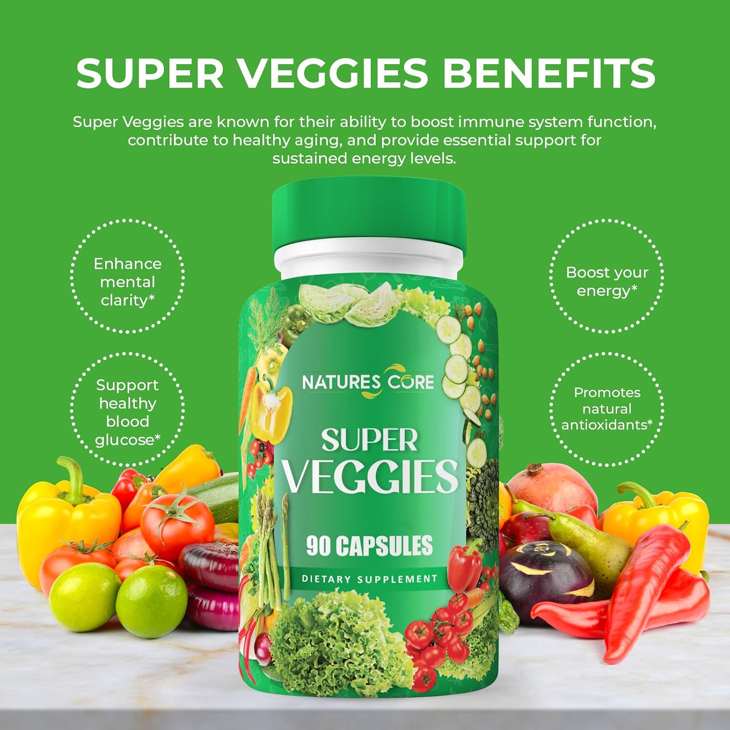 Nature's Core Suplemento de Frutas y Verduras - 360 Cápsulas - 100% Natural, Vegano, Sin Soja