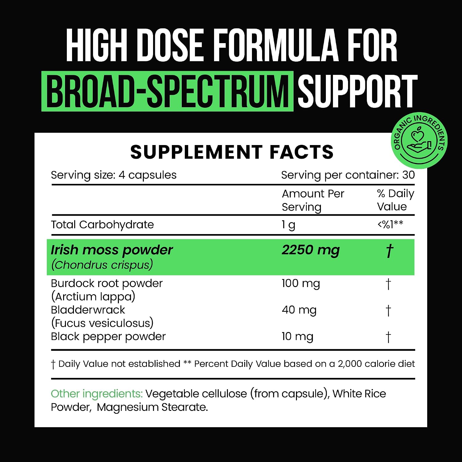 VitaRaw Cápsulas Orgánicas de Irish Sea Moss 2400 mg - con Raíz de Bardana y Fucus Vesiculosus - Suplemento Herbal Avanzado