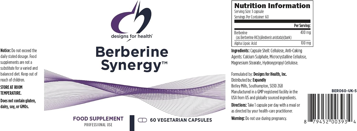 Designs for Health Berberine Synergy – Berberina HCL 400 mg + Ácido Alfa Lipoico 50 mg – 60 Cápsulas Veganas
