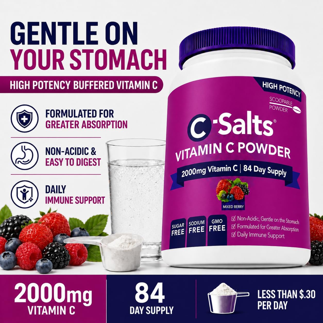 C-Salts Polvo de Vitamina C Buffered - Orgánico, Sabor Frutos Rojos, 84 Raciones, 227g