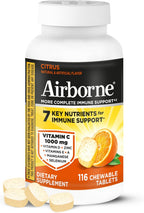 Airborne tabletas masticables sabor cítrico, 116 unidades | Suplemento para el sistema inmunitario con 1000 mg de vitamina C + vitaminas A, D, E, zinc, selenio y manganeso | Mezcla de hierbas | Sin gluten