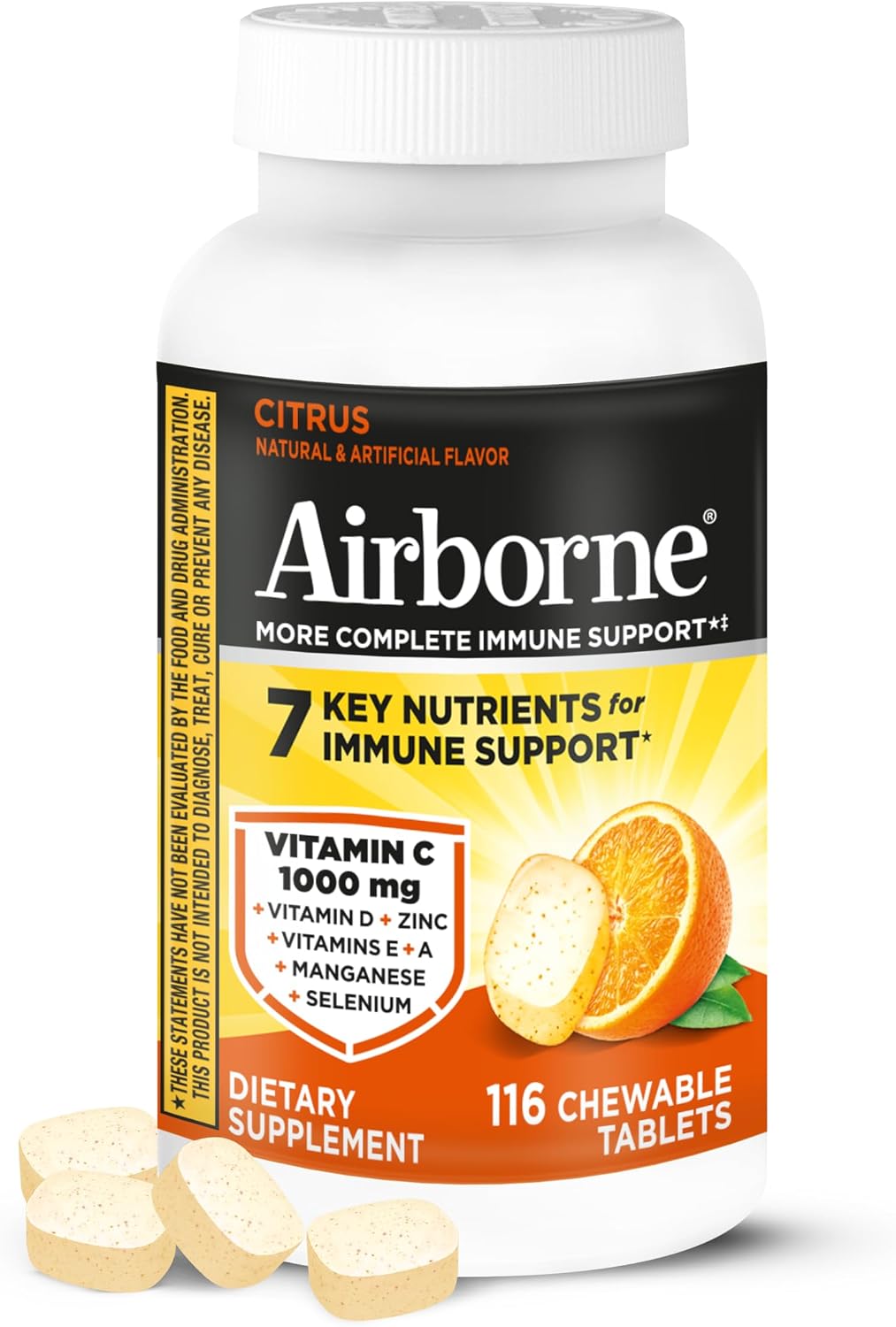 Airborne tabletas masticables sabor cítrico, 116 unidades | Suplemento para el sistema inmunitario con 1000 mg de vitamina C + vitaminas A, D, E, zinc, selenio y manganeso | Mezcla de hierbas | Sin gluten