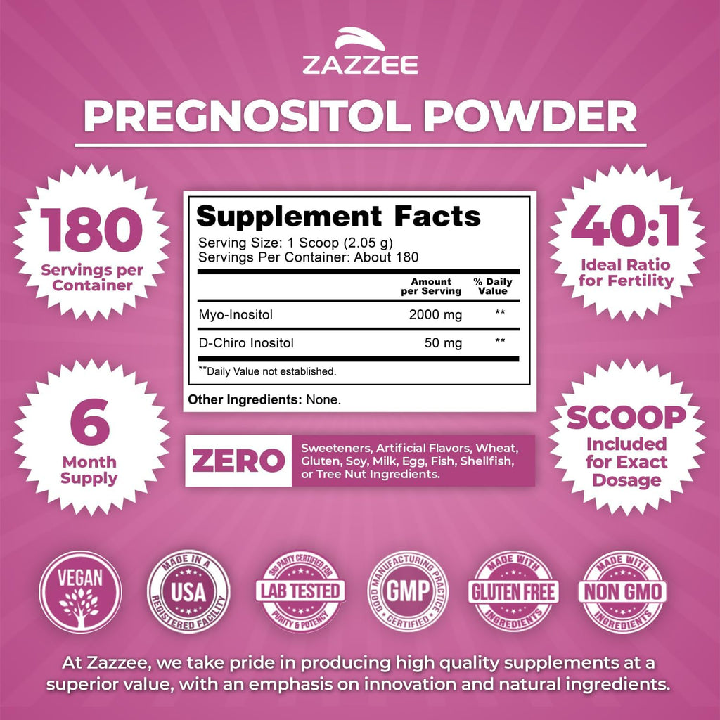 Zazzee PREGNOSITOL Powder – Myo-Inositol y D-Chiro-Inositol 40:1 (180 dosis)