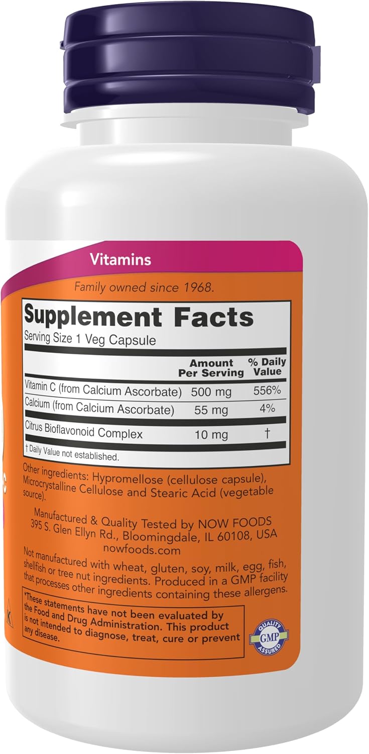 NOW Foods Vitamin C-500, Calcium Ascorbate with Bioflavonoids, 100 Vegan Capsules