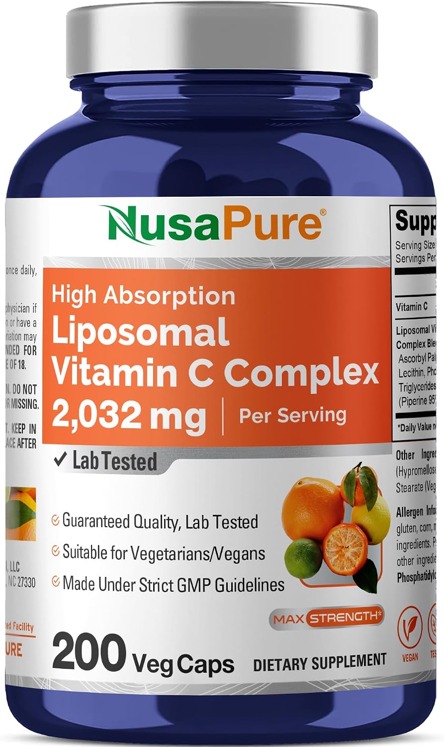 NusaPure Vitamina C Liposomal 2032mg con BioPerine - 200 Cápsulas Vegetales Veganas