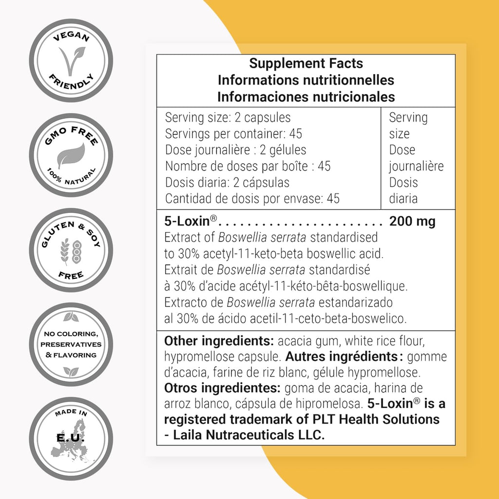Supersmart - 5-Loxin 200mg al Día (Patented) - AKBA Suplemento - Extracto de Boswellia Serrata | No GMO y Sin Gluten - 90 Cápsulas Vegetales