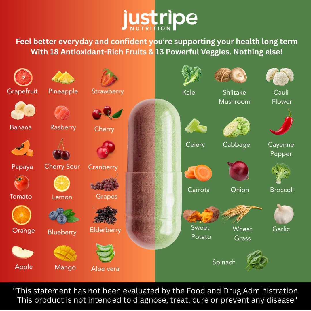Just Ripe Nutrition - Suplemento de Frutas y Verduras, 180 Cápsulas (90 Frutas + 90 Verduras)