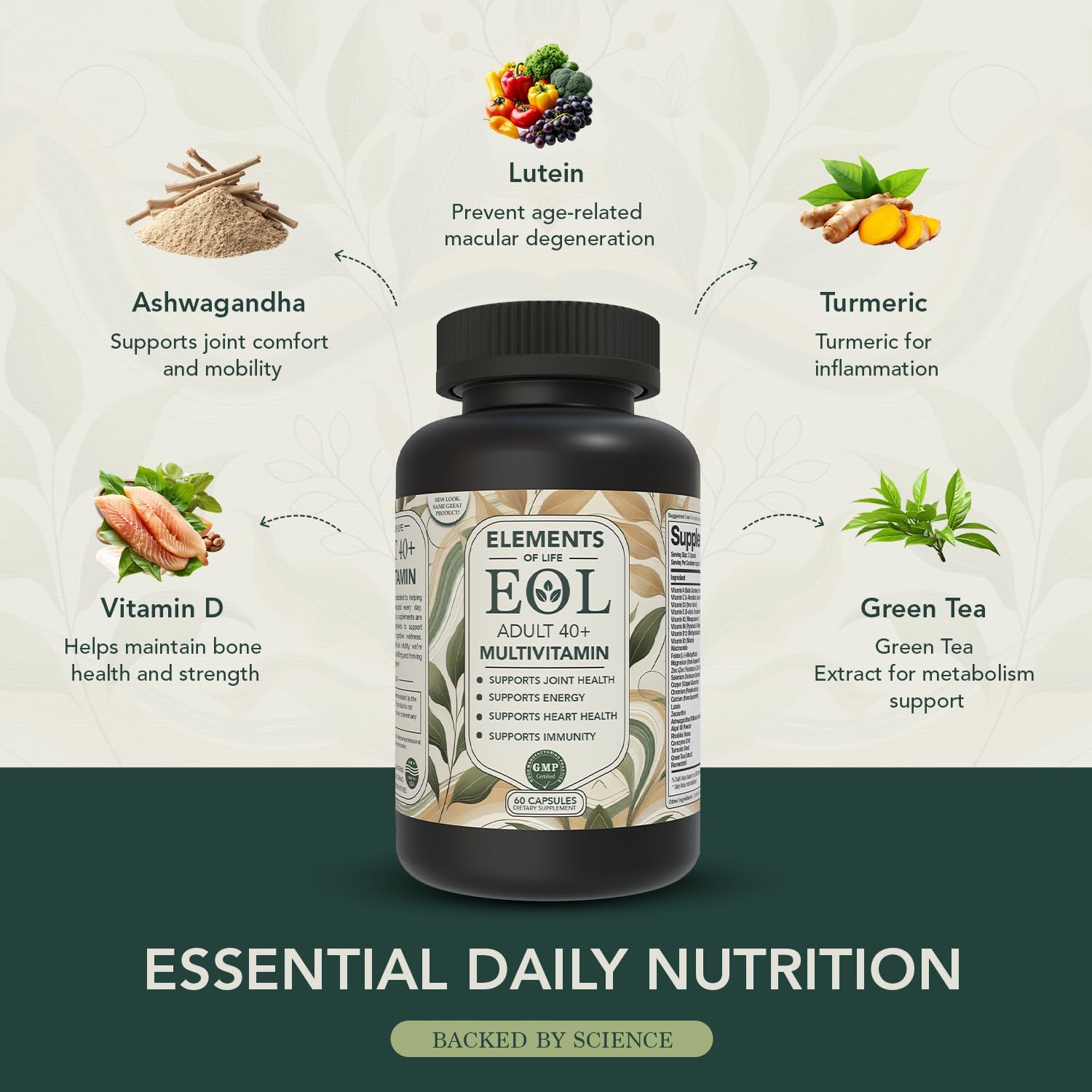 Multivitamínico 40 Plus para Mujeres y Hombres con Vitamina A, D, B6, B12, E, Zinc, Magnesio, Calcio - Vegano, Sin Gluten, Apoya Energía, Inmunidad, Articulaciones y Salud Cardíaca (120 Cápsulas)