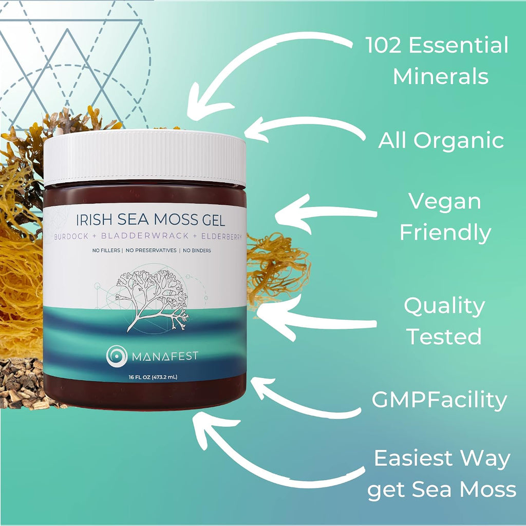 Manafest Sea Moss Gel - Gel de Musgo Marino Orgánico con Saúco, Bardana y Fucus - 454g