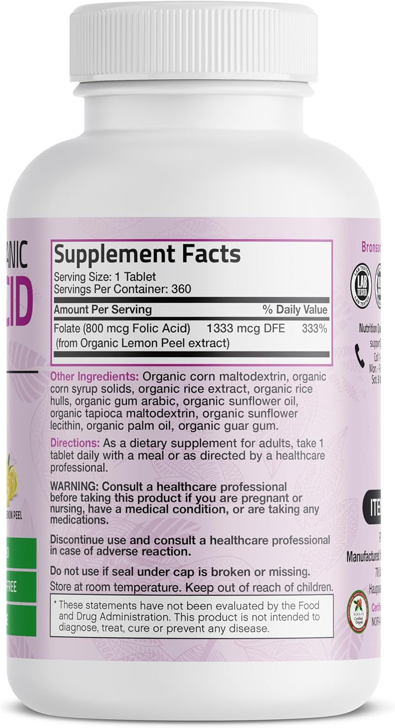 Bronson Ácido Fólico Orgánico (Vitamina B9 Folato) 800 mcg de Cáscara de Limón - 360 Comprimidos
