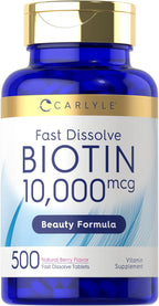 Carlyle Biotina 10.000mcg | 500 Comprimidos de Disolución Rápida | Para Cabello, Piel y Uñas | Máxima Potencia | Vegano, Sin OGM, Sin Gluten