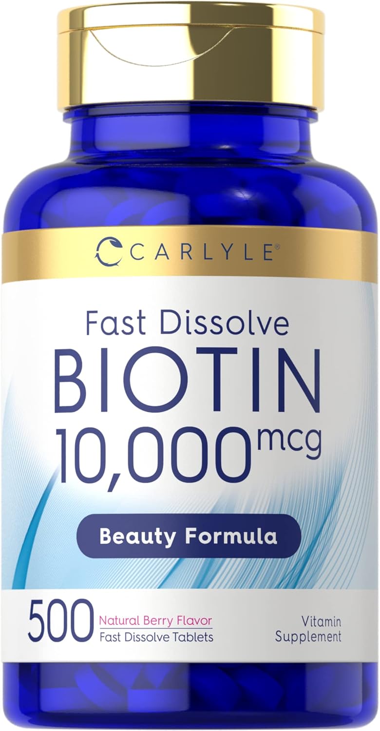 Carlyle Biotina 10.000mcg | 500 Comprimidos de Disolución Rápida | Para Cabello, Piel y Uñas | Máxima Potencia | Vegano, Sin OGM, Sin Gluten