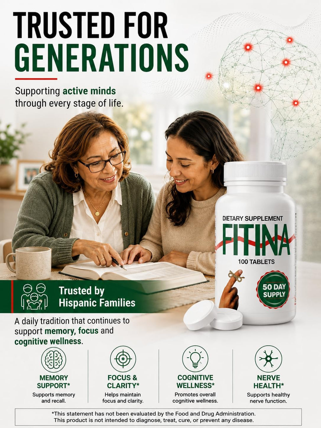 Fitina Suplemento Cerebral con Vitamina B6 y Tiamina | Alta Dosis de Vitaminas B para el Sistema Nervioso, 100 Comprimidos