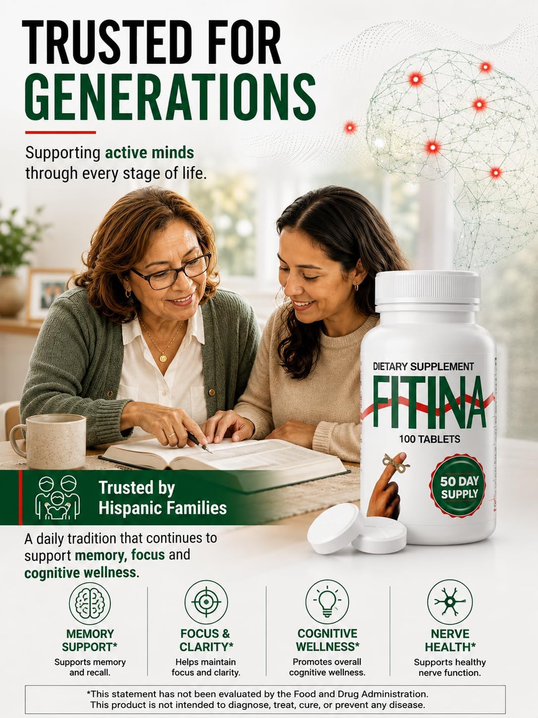 Fitina Suplemento Cerebral con Vitamina B6 y Tiamina | Alta Dosis de Vitaminas B para el Sistema Nervioso, 100 Comprimidos