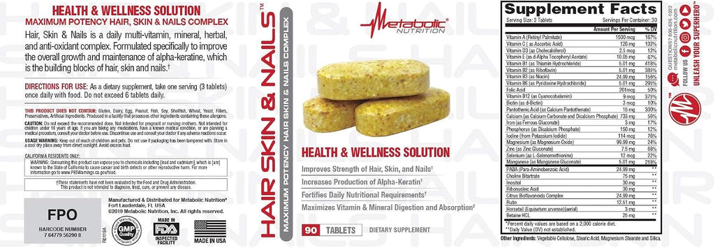 Metabolic Nutrition Hair Skin & Nails Maximum Potency Health and Wellness Solution 90 Tablets