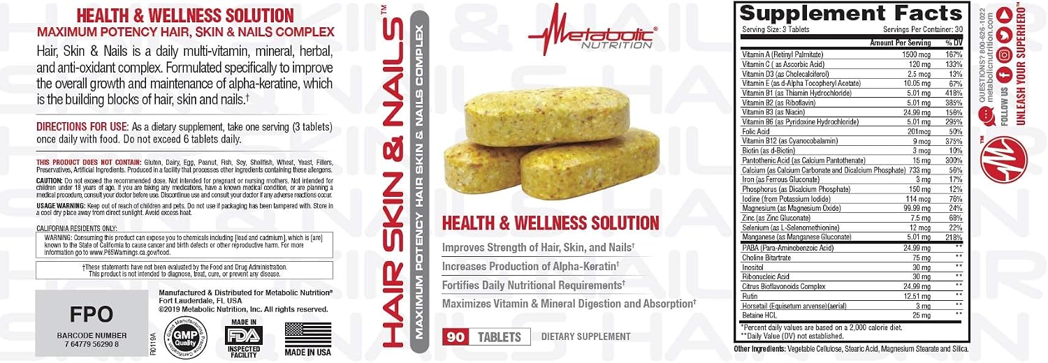 Metabolic Nutrition Hair Skin & Nails Maximum Potency Health and Wellness Solution 90 Tablets