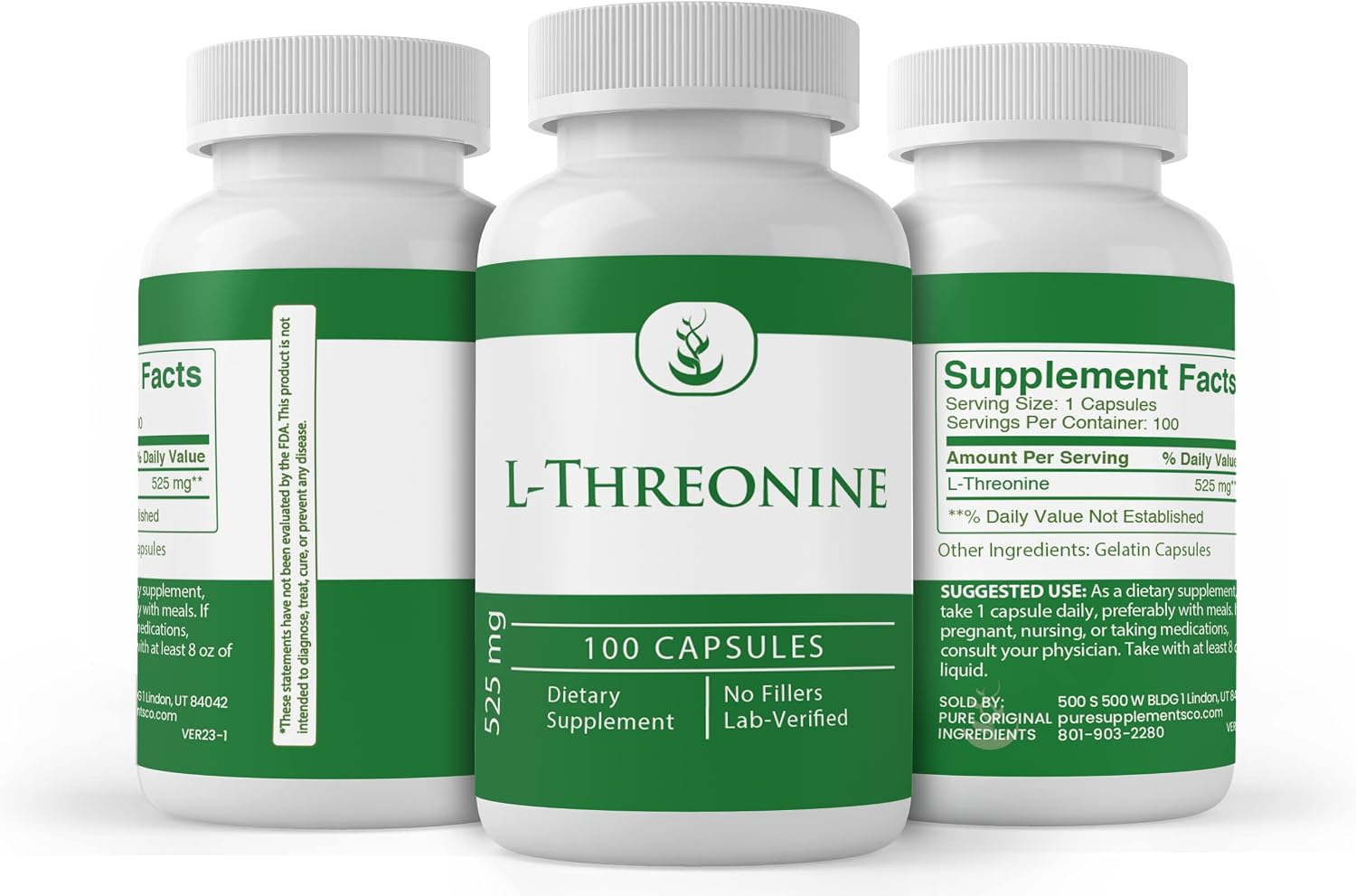 PURE ORIGINAL INGREDIENTS L-Threonine Capsules (100 Capsules) - Pure, No Additives