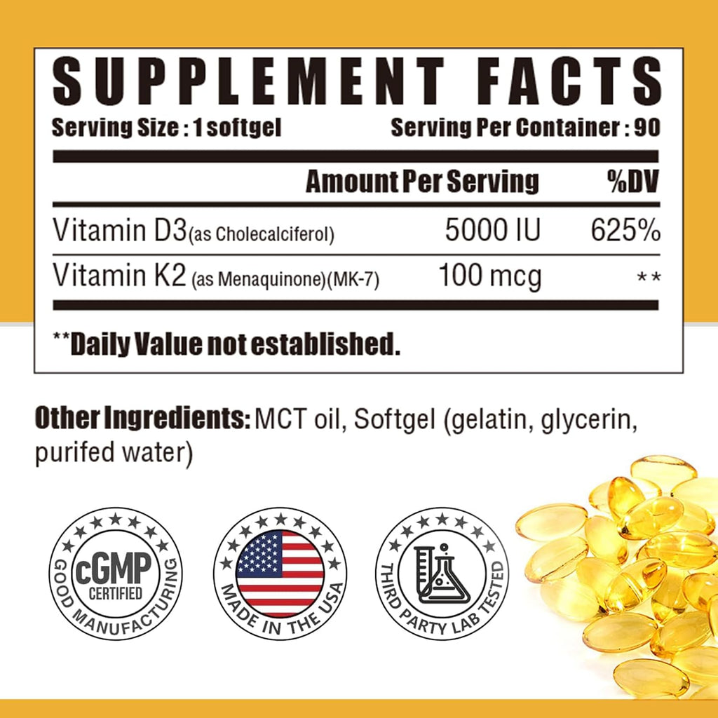 NUTRI POTENTIA Vitamina D3 + K2 con Aceite MCT, 5000 UI D3 y 100 mcg K2 (MK-7), 90 Cápsulas Blandas