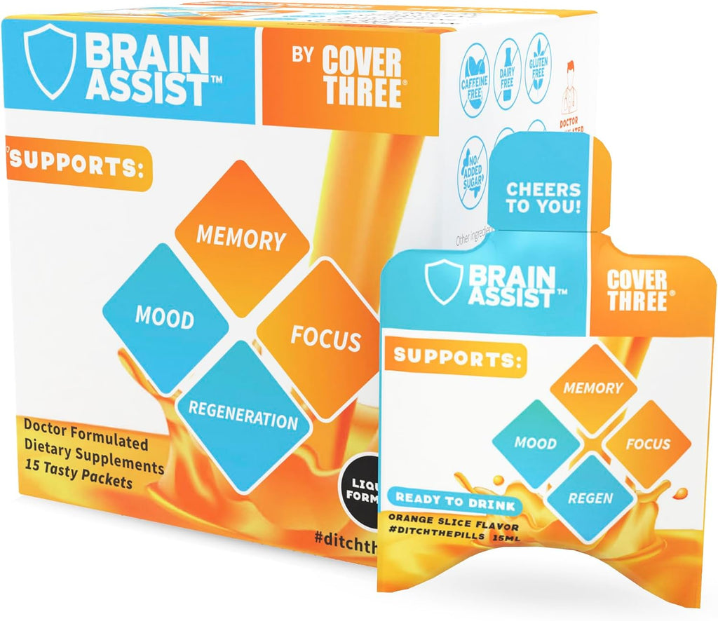 Brain Assist - Suplemento para el cerebro con curcumina, uridina y omega-3, sabor naranja