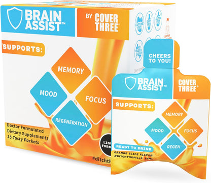 Brain Assist - Suplemento para el cerebro con curcumina, uridina y omega-3, sabor naranja – Image 1