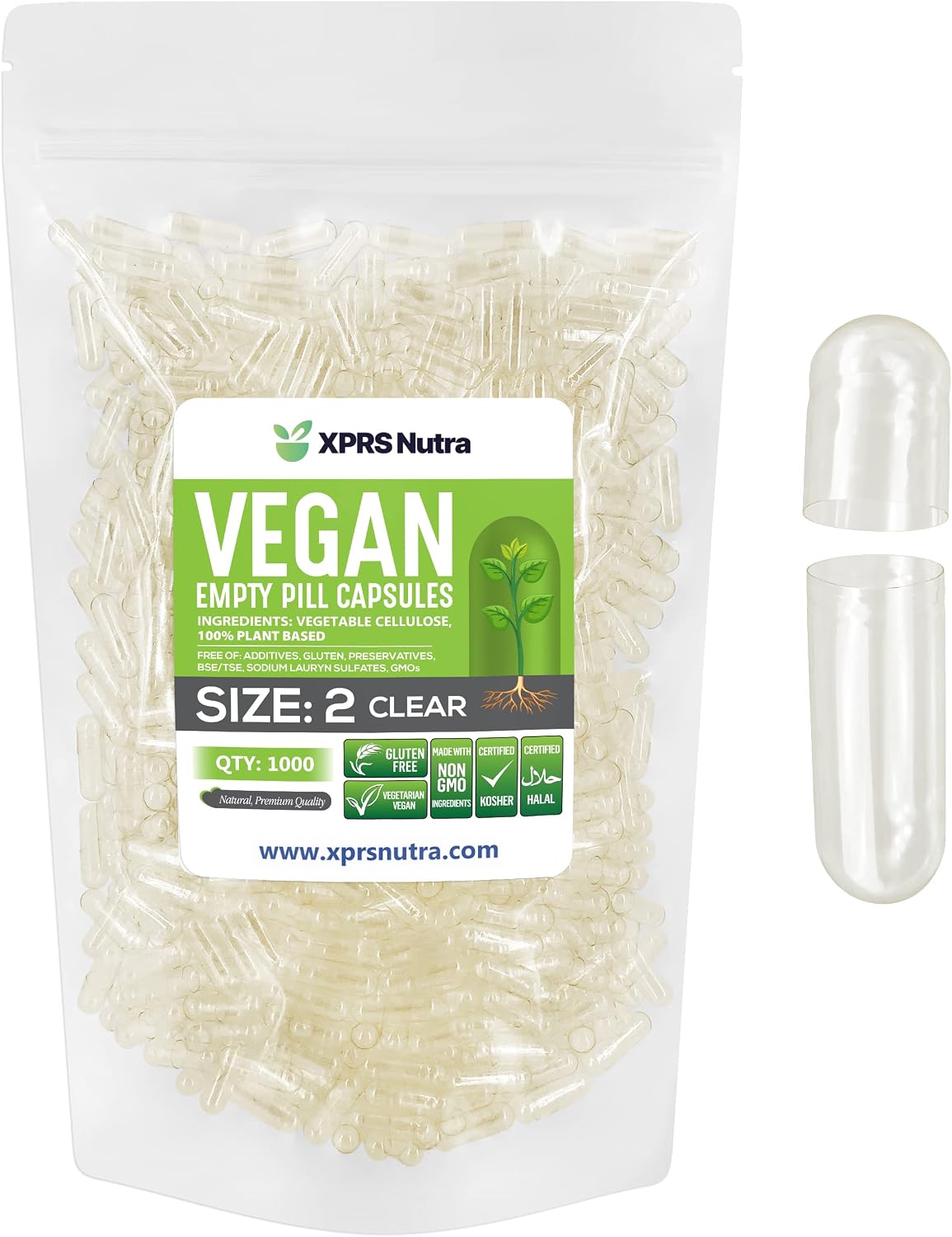 XPRS Nutra Cápsulas vacías tamaño 2 - 500 uds - Cápsulas vegetales veganas transparentes