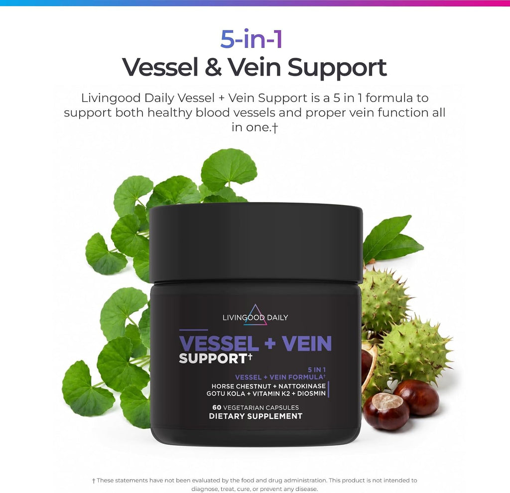 Livingood Daily Vessel & Vein Support - Suplemento para la Circulación y Salud Venosa, 60 Cápsulas