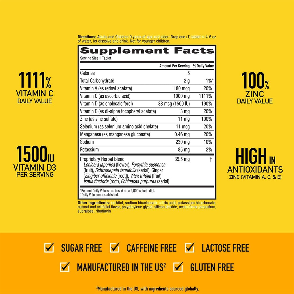 Airborne 1000mg Vitamina C + Zinc Sin Azúcar Multivitamínico Apoyo Inmunológico Comprimidos Efervescentes Sabor Naranja, 30 Comprimidos (Paquete de 2)