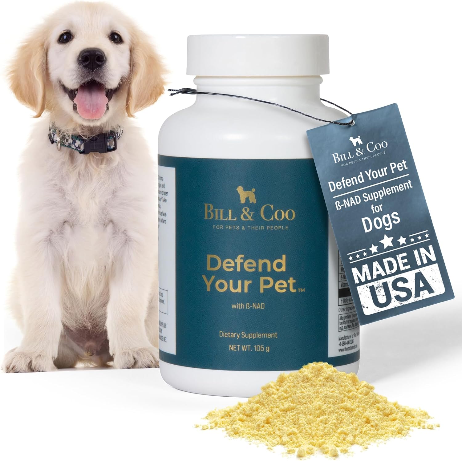 BILL & COO Defend Your Pet β-NAD Supplement for Senior Dogs – Advanced Cellular Anti-Aging with Vitamins C, D, K2, Probiotics & Digestive Enzymes – 105g