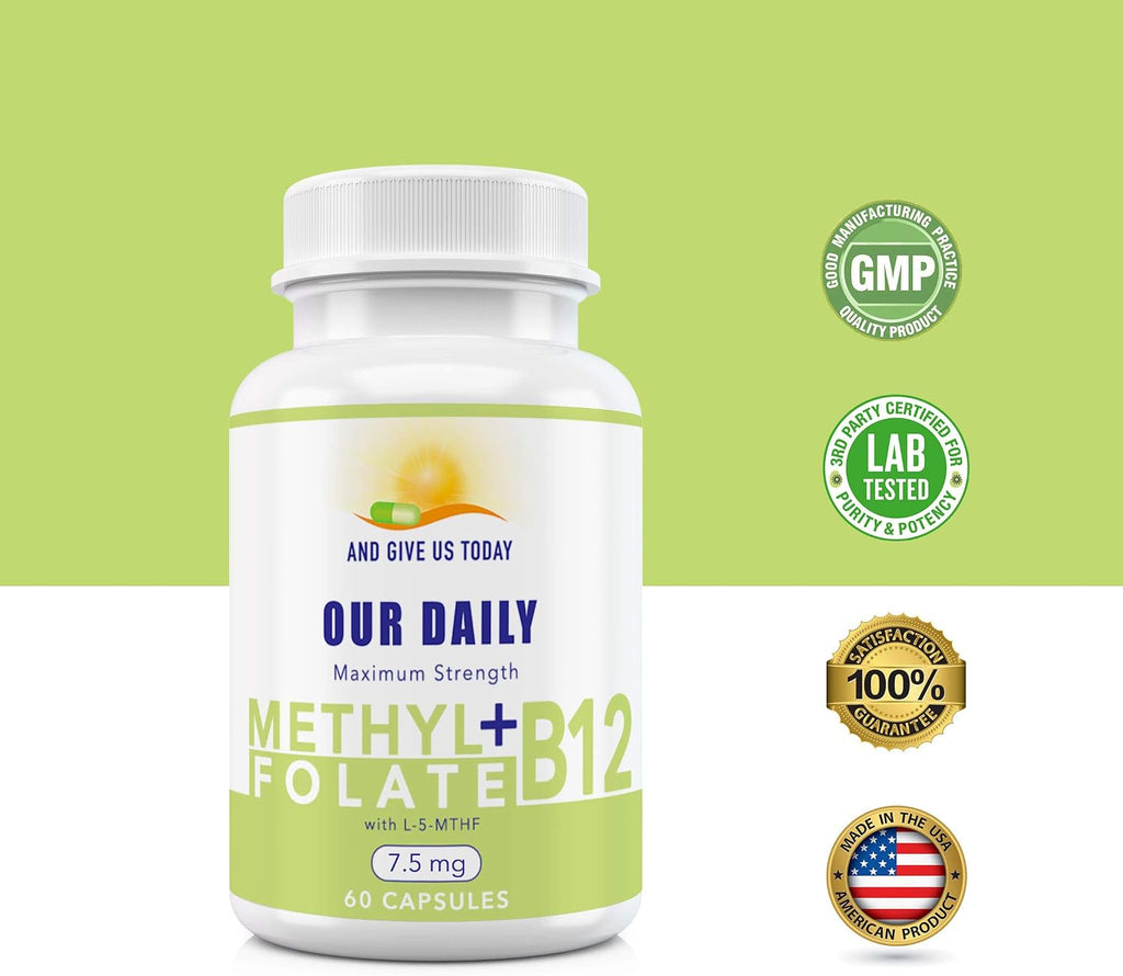 L-Methylfolate 7.5 mg + B12 1000 mcg - Suplemento de Metilfolato Activo con Glicina - 60 Cápsulas