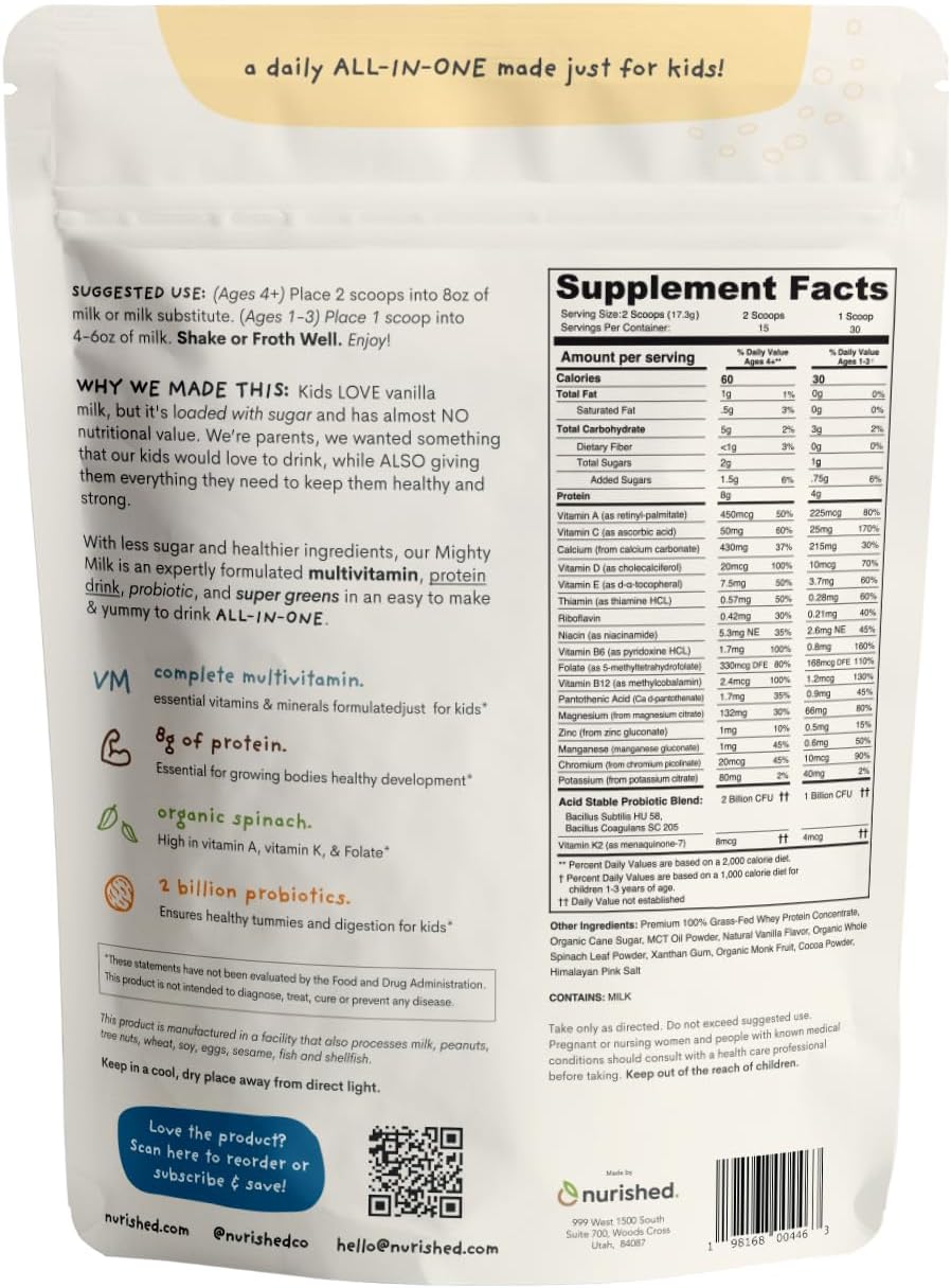 Vanilla Mighty Milk - Proteína en Polvo y Multivitamínico Diario para Niños con Probióticos y Espinacas Orgánicas - 15-30 Servicios