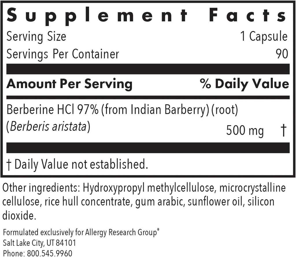 ARG Berberine 500 - 500 mg Berberina HCl - Apoyo Metabólico - 90 Cápsulas