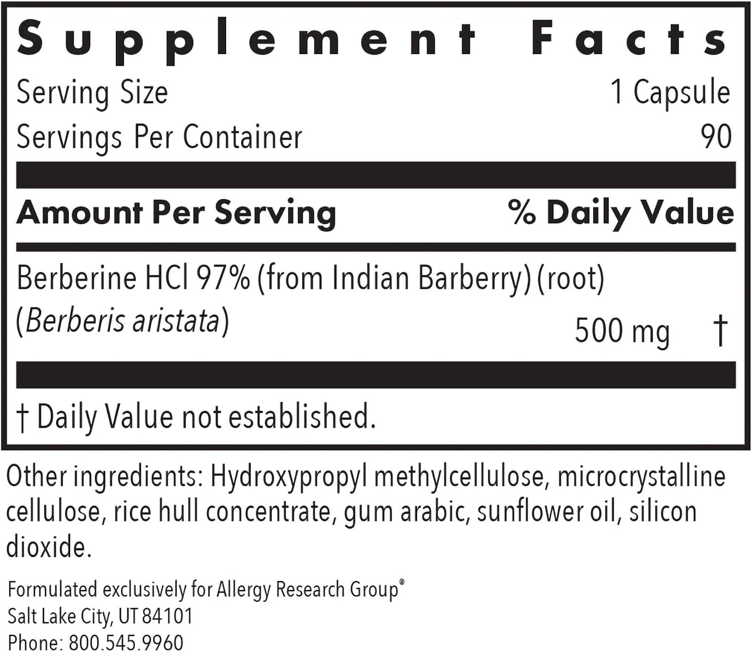ARG Berberine 500 - 500 mg Berberina HCl - Apoyo Metabólico - 90 Cápsulas