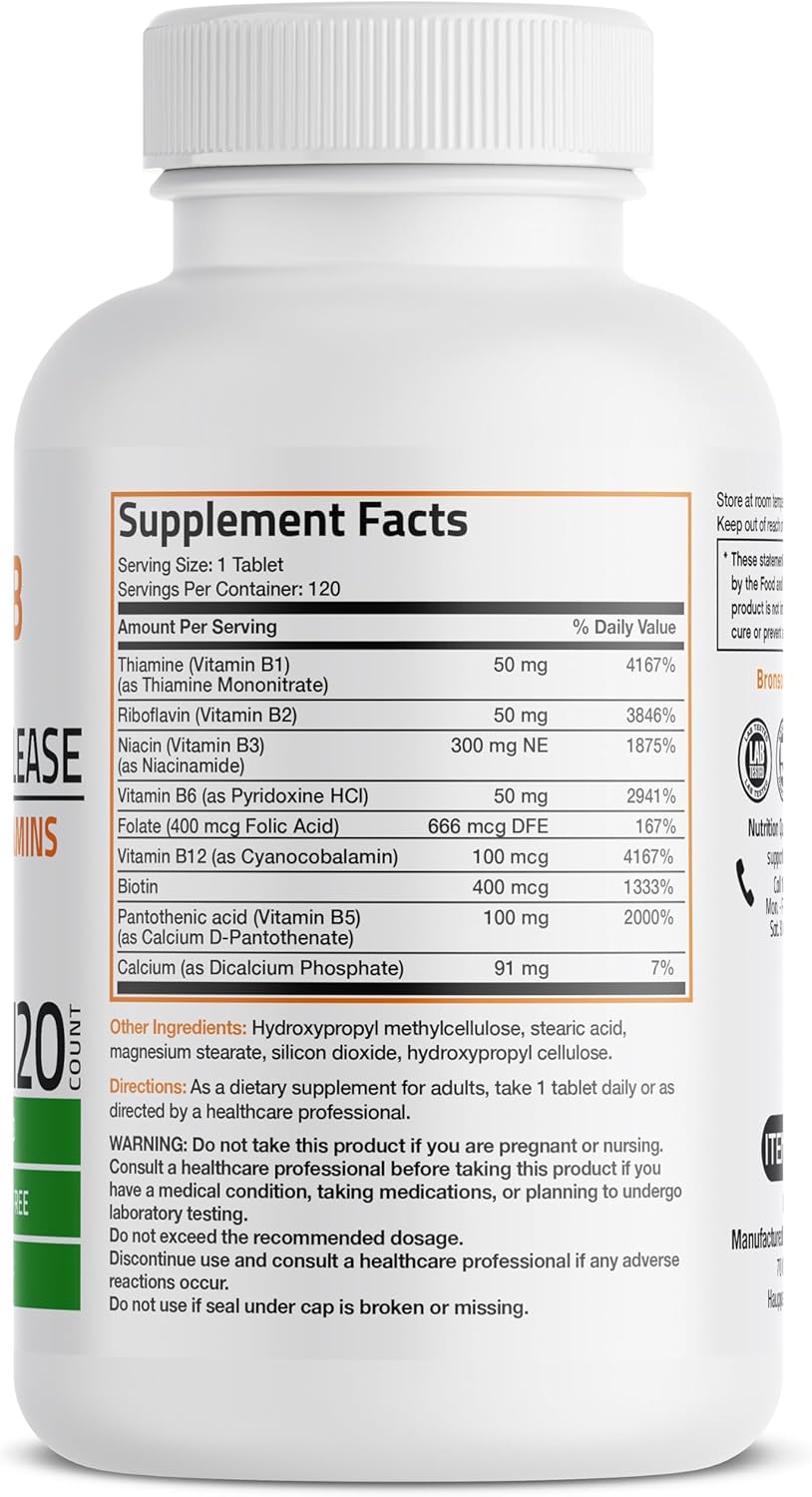 Bronson Super B Complejo B con Liberación Sostenida (Vitaminas B1, B2, B3, B6, B9, B12, Biotina) 120 Comprimidos