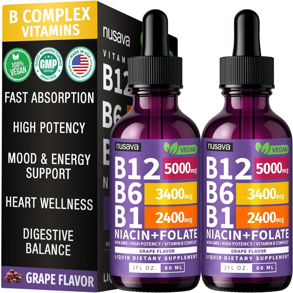 NUSAVA Pack de 2 Gotas de Vitamina B12 5000mcg - Sublingual con Complejo B - Metilcobalamina - Vegano, Sabor Uva