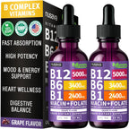 NUSAVA Pack de 2 Gotas de Vitamina B12 5000mcg - Sublingual con Complejo B - Metilcobalamina - Vegano, Sabor Uva