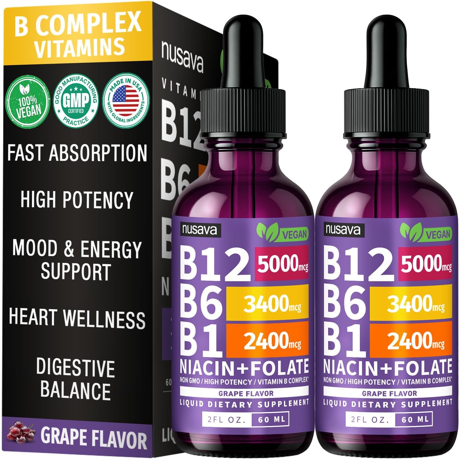 NUSAVA Pack de 2 Gotas de Vitamina B12 5000mcg - Sublingual con Complejo B - Metilcobalamina - Vegano, Sabor Uva