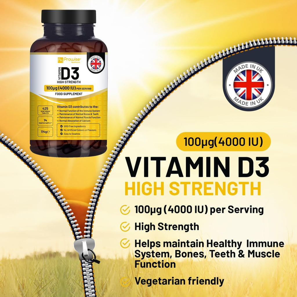 Vitamina D3 4000 UI Alta Potencia - 425 Comprimidos Vegetarianos (14 Meses de Suministro) - Prowise Healthcare