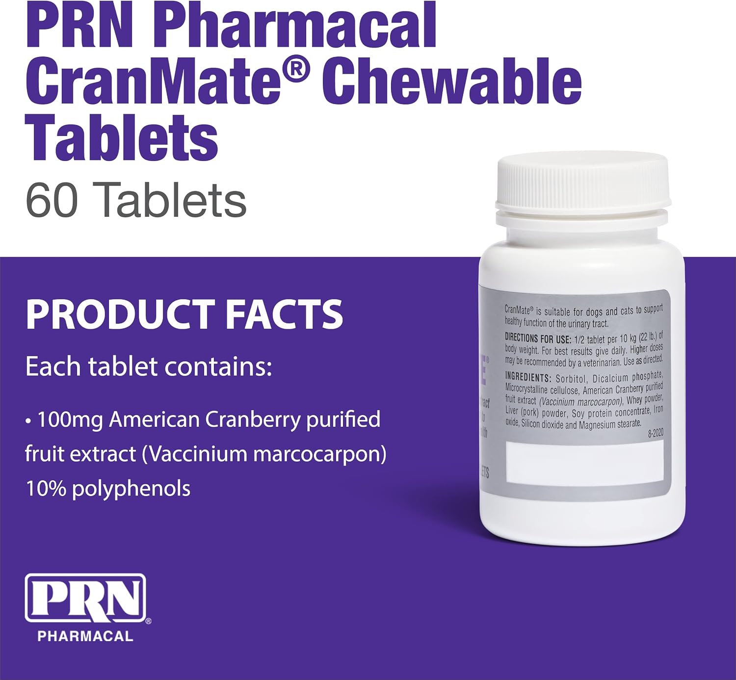PRN Pharmacal CranMate - Suplemento de Arándano para Perros y Gatos - 60 Comprimidos Masticables