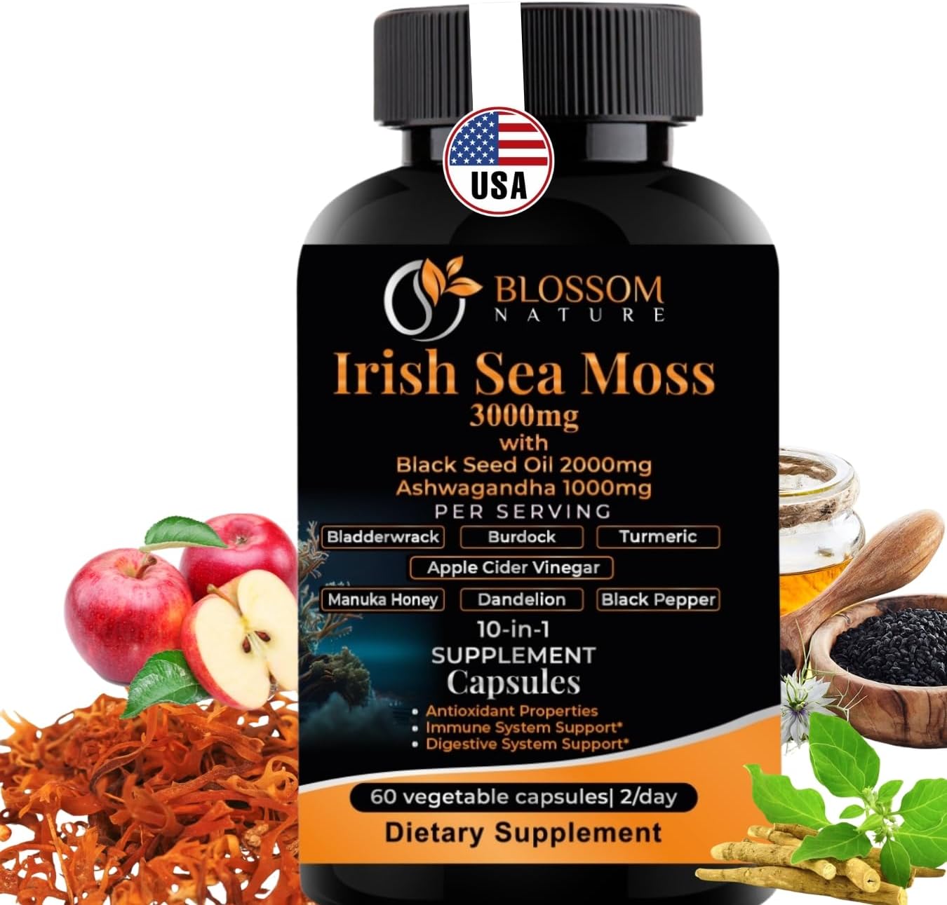 10-en-1 Irish Sea Moss Complejo Multivitamínico 3000mg con Ashwagandha y Cúrcuma - Cápsulas Veganas