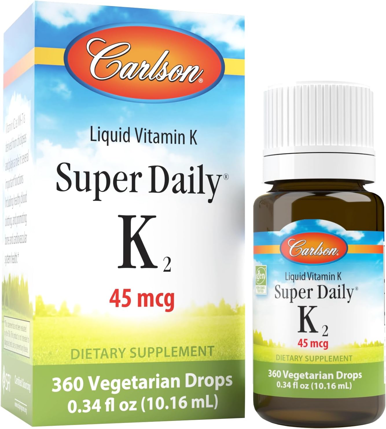Carlson - Super Daily K2, 45 mcg Vitamina K2 Líquida, MK-7, Sin Sabor, 360 Gotas (10.16 ml)