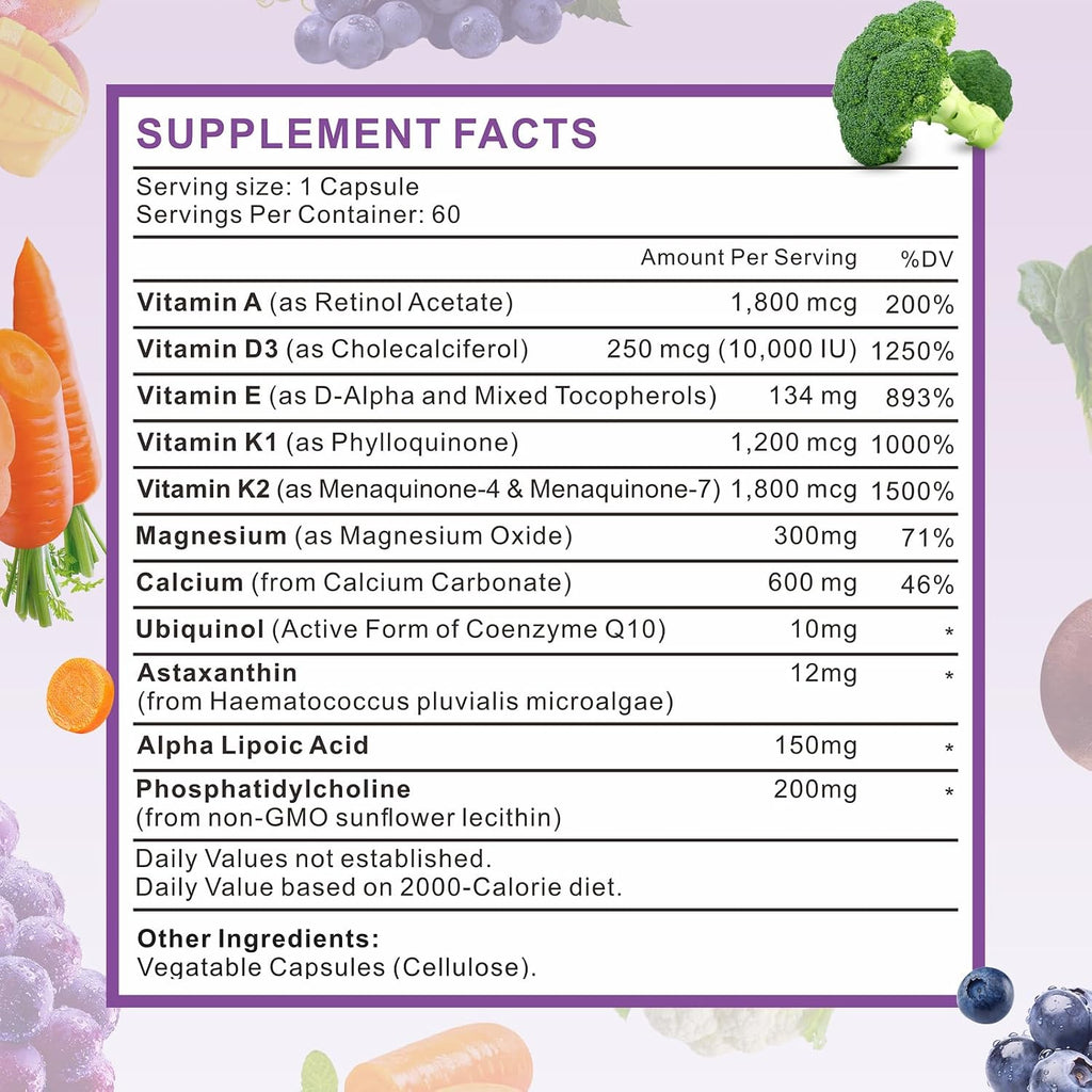 ADEK Vitaminas Complemento: A + D3 + E + K1 + K2 con Minerales y Antioxidantes, Sin Gluten, 60 Cápsulas
