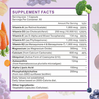 ADEK Vitaminas Complemento: A + D3 + E + K1 + K2 con Minerales y Antioxidantes, Sin Gluten, 60 Cápsulas