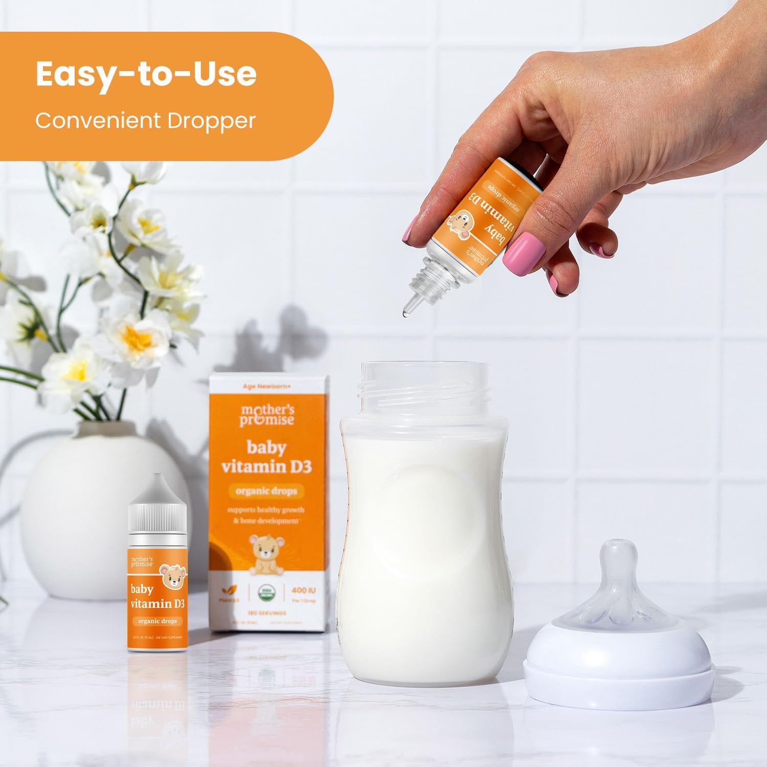 Mother's Promise Gotas Orgánicas de Vitamina D3 para Bebés - 100% Vegetal, 400 UI, 180 Dosis