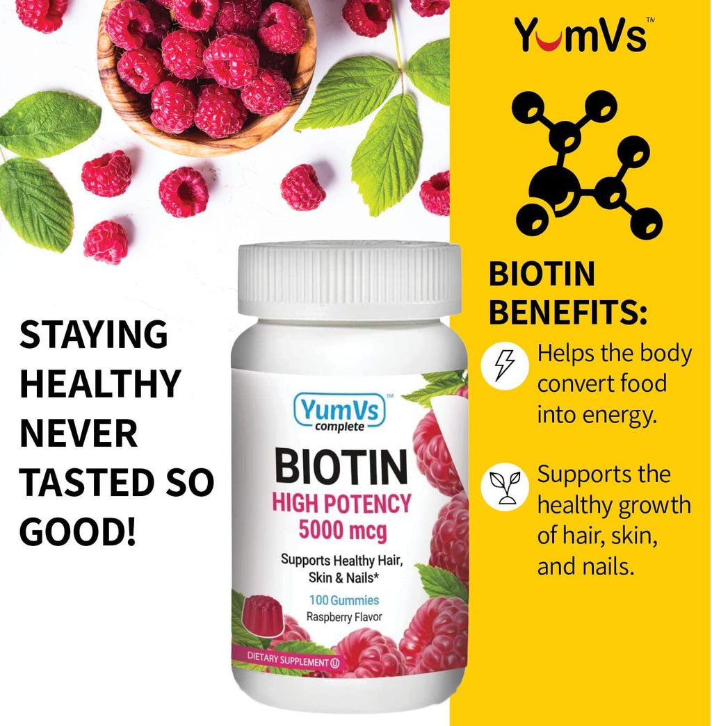 YUM-V's Biotin Gummies 5000 mcg – Gominolas de Biotina Sabor Frambuesa – 100 unidades